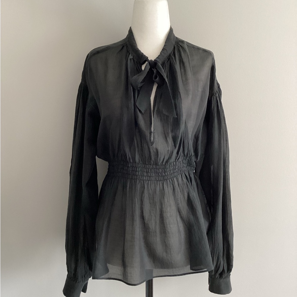 CHANEL Tie-Neck Keyhole Silk Blend Blouse, Size 38